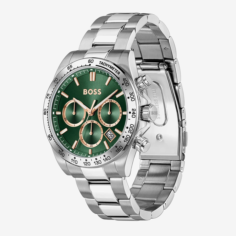 BOSS Mens Hero 2.0 Silver Tone Green Chronograph Watch 1514268