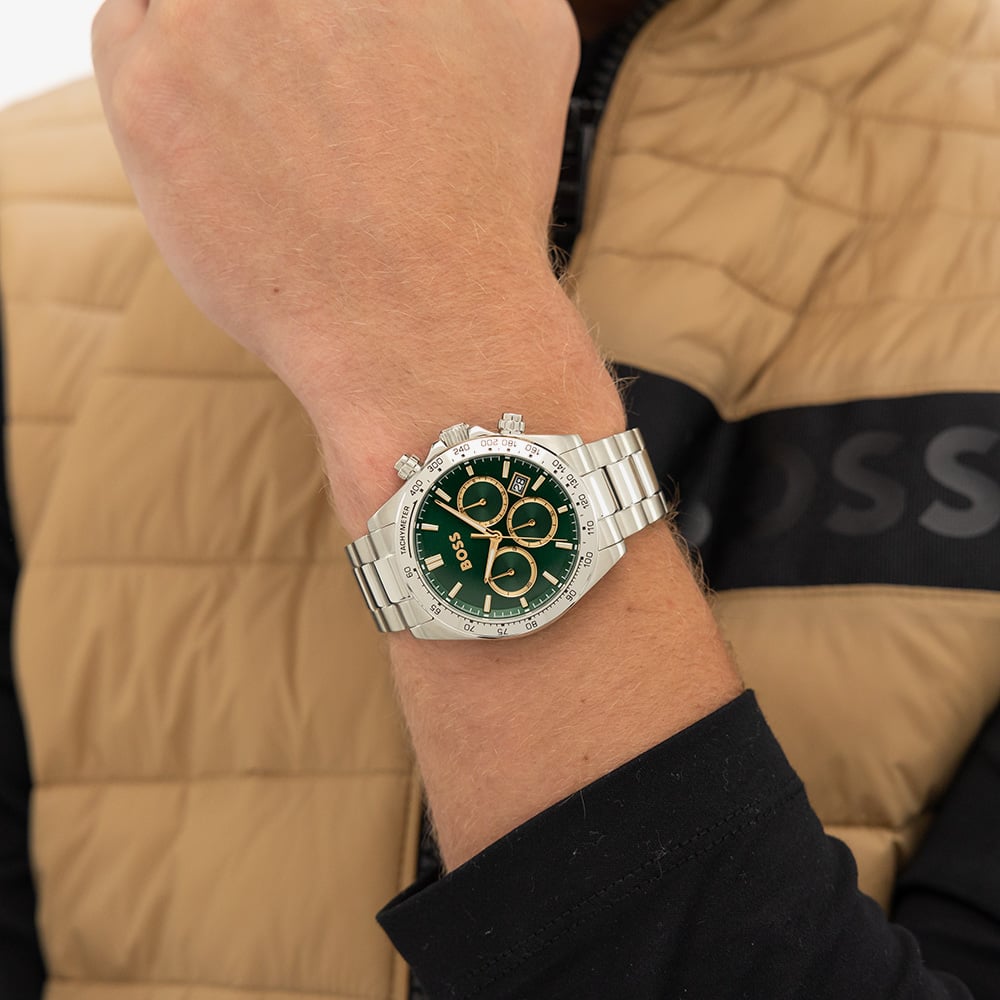 BOSS Mens Hero 2.0 Silver Tone Green Chronograph Watch 1514268