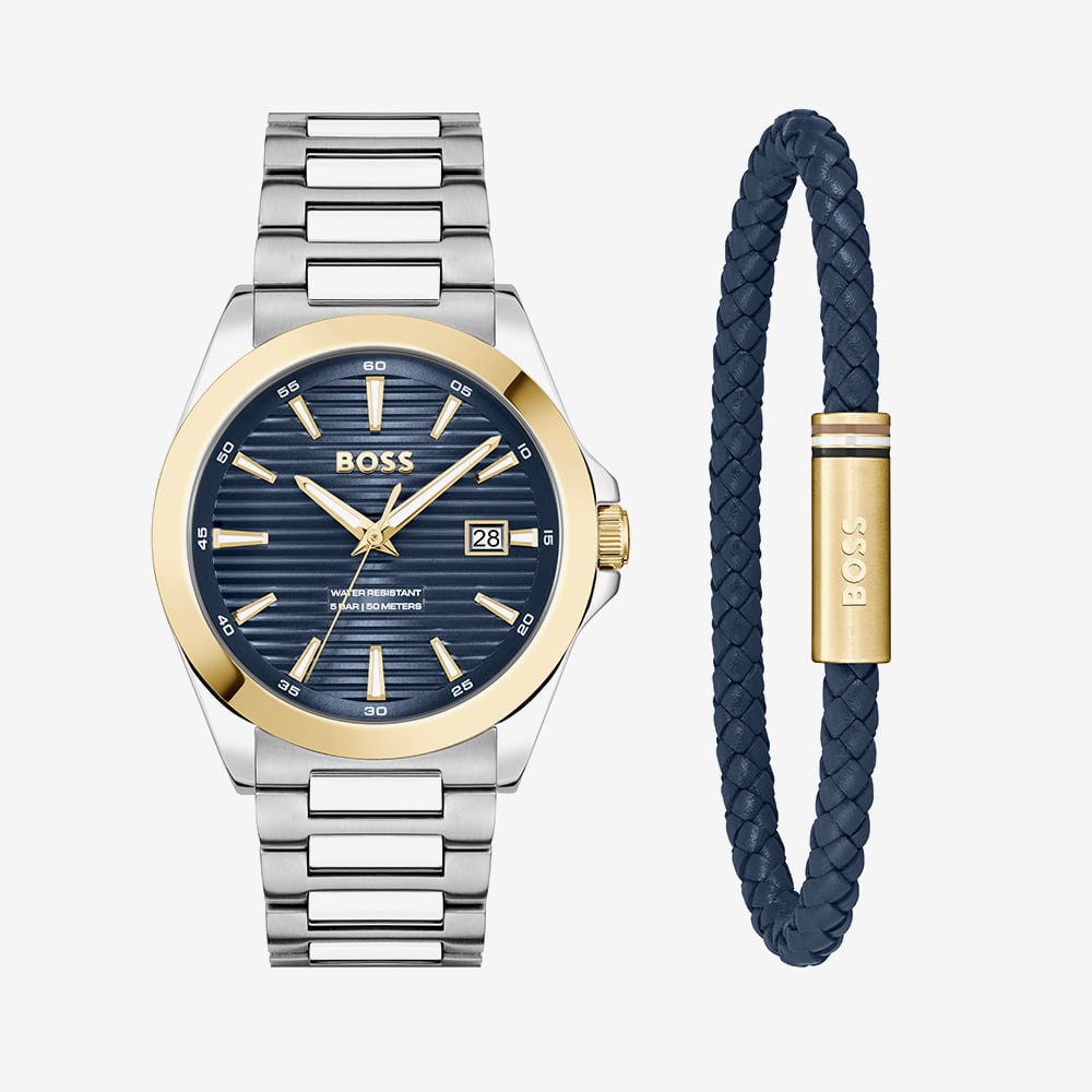 BOSS Mens Strike Blue Dial Watch & Bracelet Set 1570191