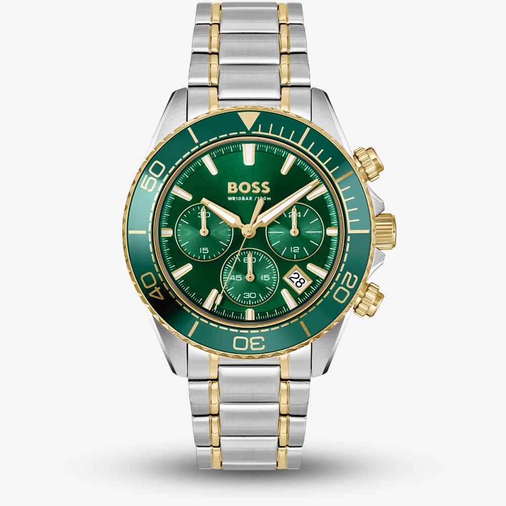 BOSS Mens Sealiner Chronograph Green &amp; Gold Bracelet Watch 1514325