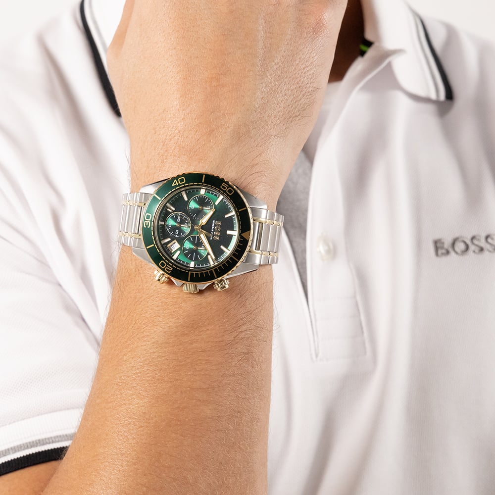 BOSS Mens Sealiner Chronograph Green & Gold Bracelet Watch 1514325