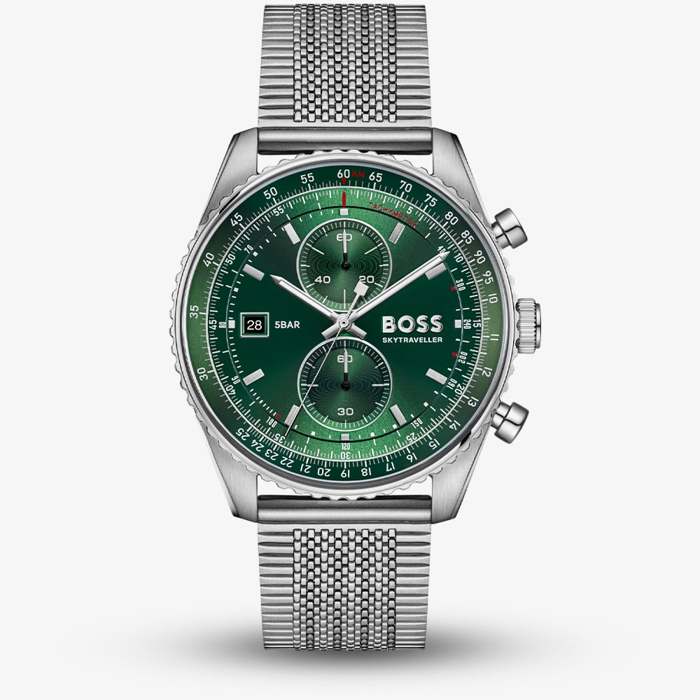 BOSS Mens Skytraveller Chronograph Green Dial Mesh Bracelet Watch 1514347