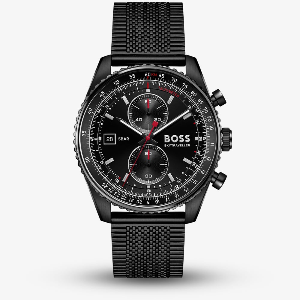 BOSS Mens Skytraveller Chronograph Black Dial Mesh Bracelet Watch 1514348