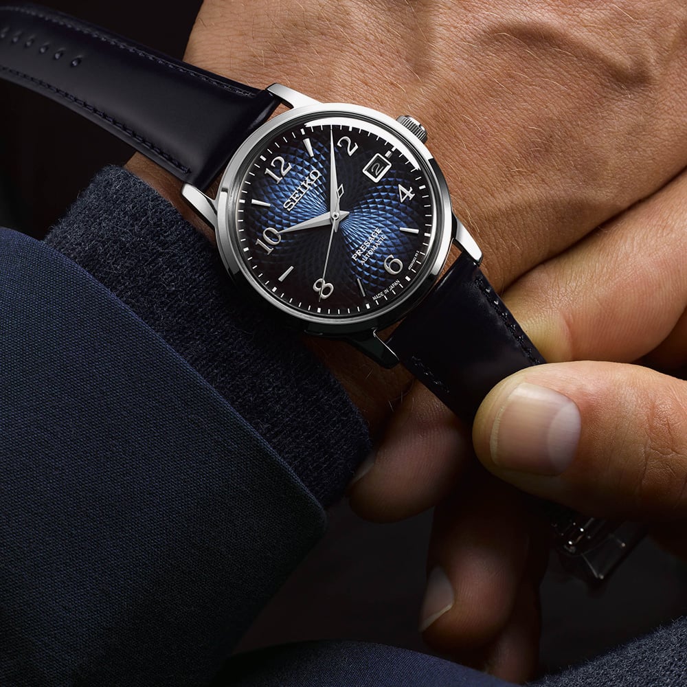 Seiko Presage Cocktail Time Old Clock Blue Leather Strap Watch SRPE43J1