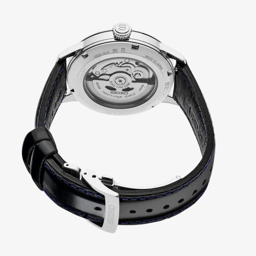 Seiko Mens Presage Silver Bullet Cocktail Time GMT Silver Dial Black Leather Strap Watch SSK049J1