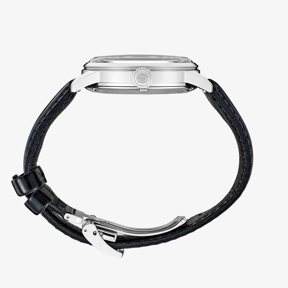 Seiko Mens Presage Silver Bullet Cocktail Time GMT Silver Dial Black Leather Strap Watch SSK049J1