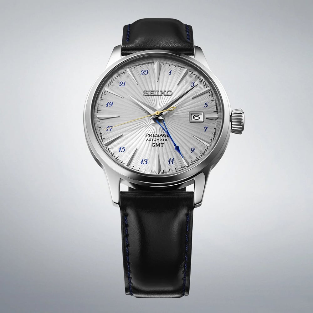 Seiko Mens Presage Silver Bullet Cocktail Time GMT Silver Dial Black Leather Strap Watch SSK049J1
