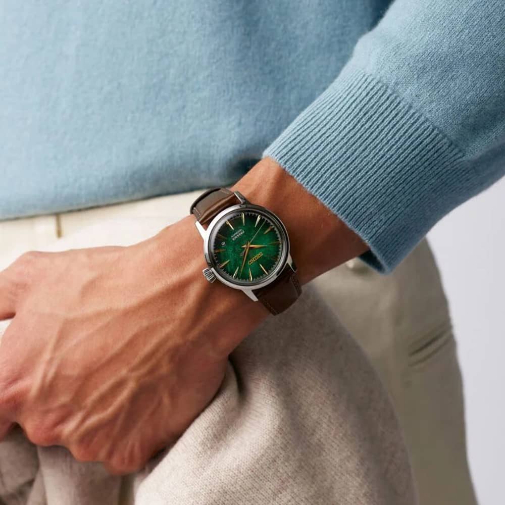 Seiko Mens Presage Cocktail Time 'Mint Mist' Green Dial Leather Strap Watch HCB002J1