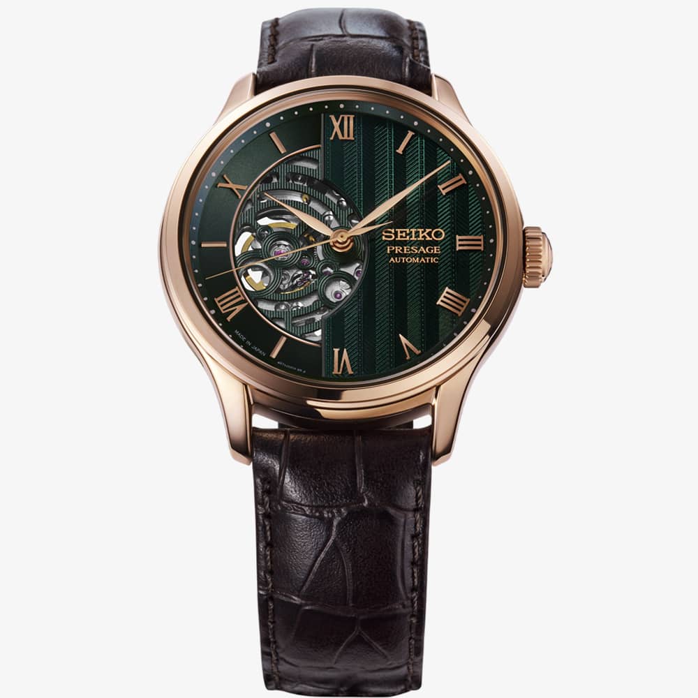Seiko Mens Presage Japanese Zen Gardens Green Dial Leather Strap Watch  HCB007J1