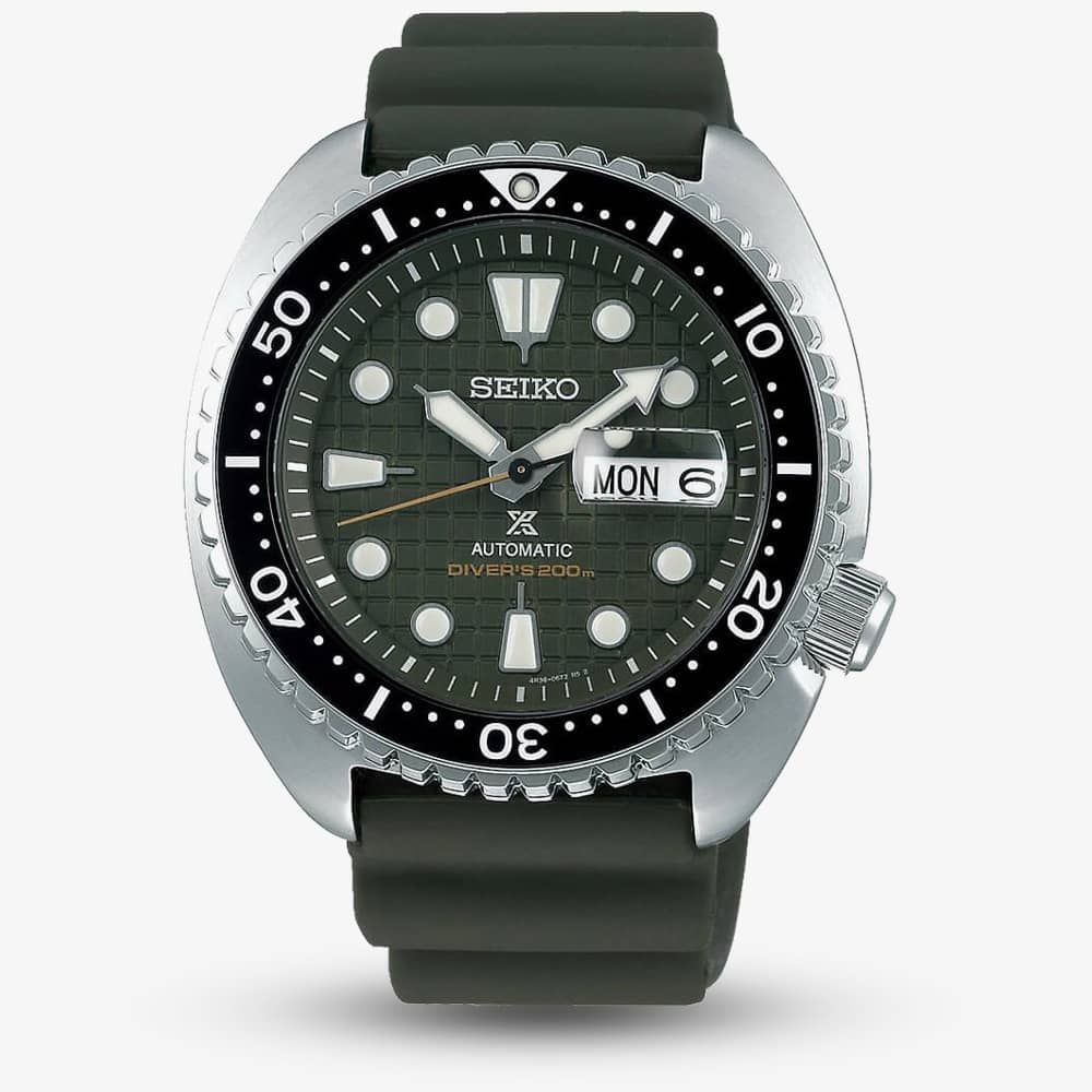 Product photograph of Seiko Mens Prospex Turtle Green Rubber Strap Green Dial Watch Srpe05k1 from The Jewel Hut