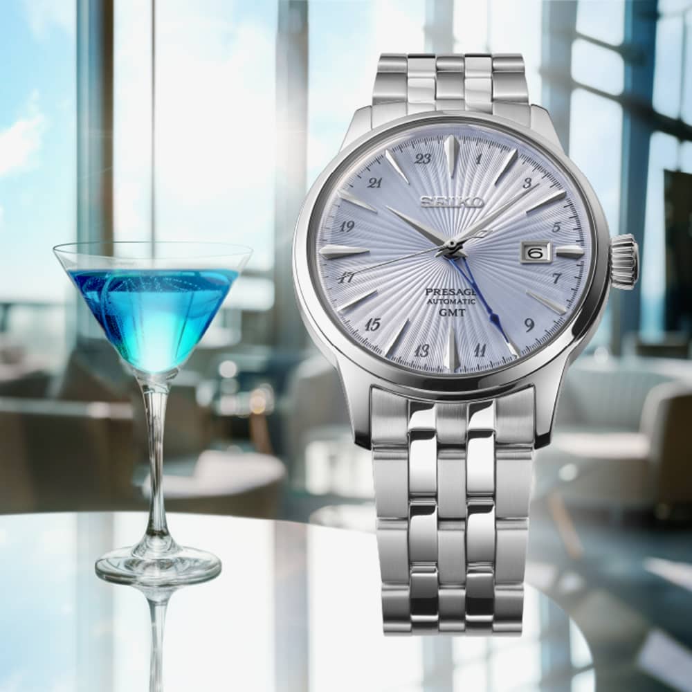 Seiko Presage Skydiving Light Blue Cocktail Time GMT Watch SSK037J1