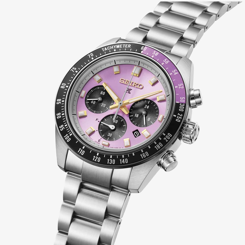 Seiko Mens Limited Edition Prospex Speedtimer 145th Anniversary Solar Chronograph Purple Dial Bracelet Watch HBJ005P1