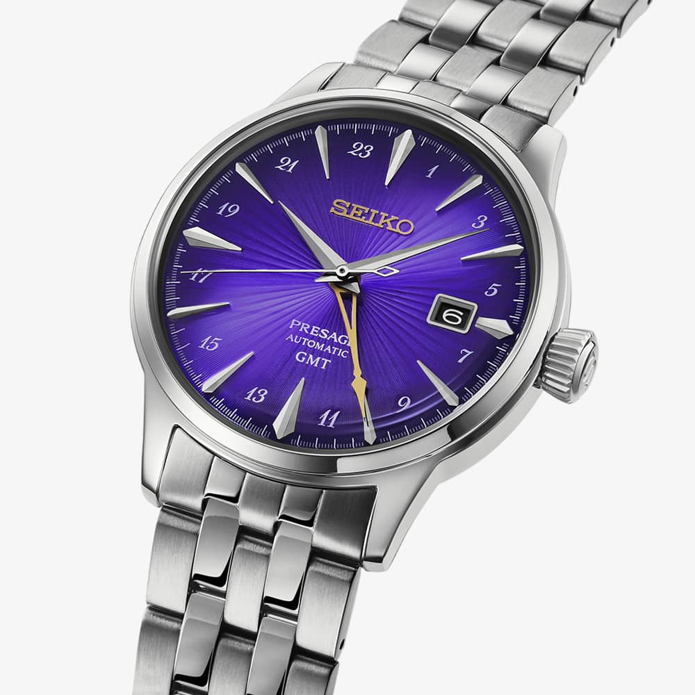 Seiko Mens Limited Edition Presage Cocktail Time 145th Anniversary GMT Purple Dial Bracelet Watch HCB006J1