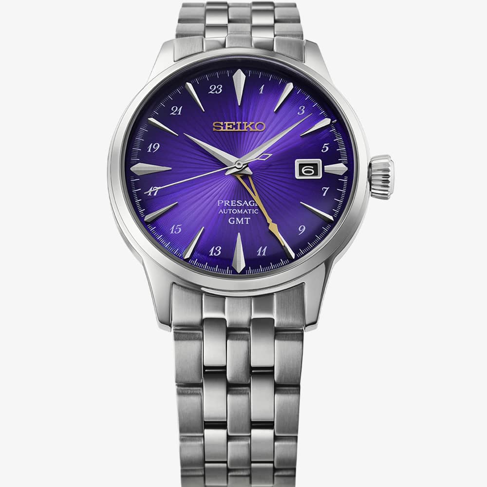 Seiko Mens Limited Edition Presage Cocktail Time 145th Anniversary GMT Purple Dial Bracelet Watch HCB006J1