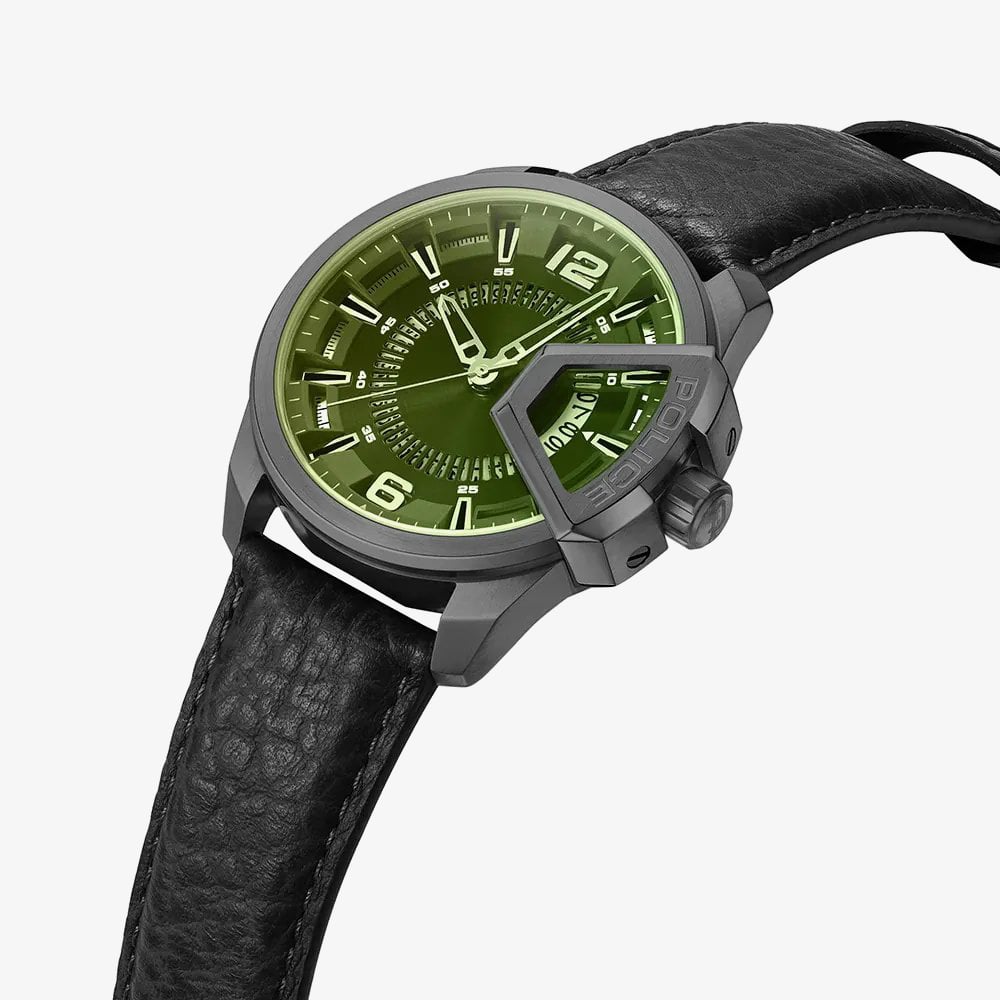 Police Mens Underlined Green Dial Leather Strap Watch PEWJB0005603