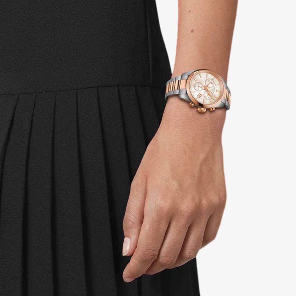 Tissot Ladies PR100 Rose Gold Plated White Mother of Pearl Chronograph Dial Watch T150.217.22.111.00