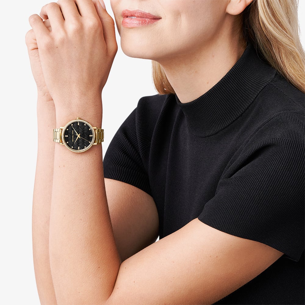 Michael Kors Ladies Pyper Gold Tone Black Dial Watch MK4916