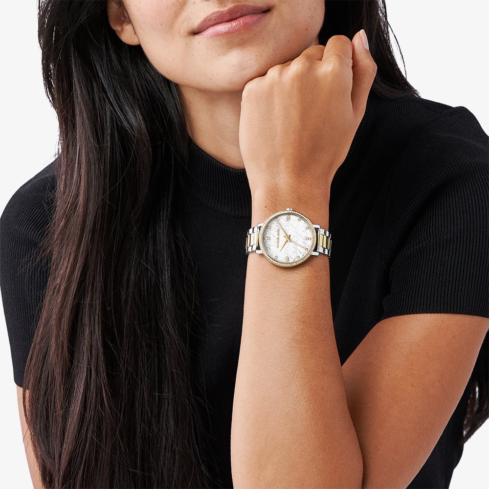 Michael Kors Ladies Pyper Two Tone White Dial Watch MK4918