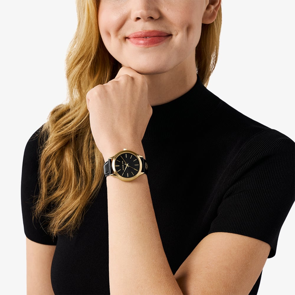 Michael Kors Ladies Slim Runway Black Leather Strap Watch MK7553