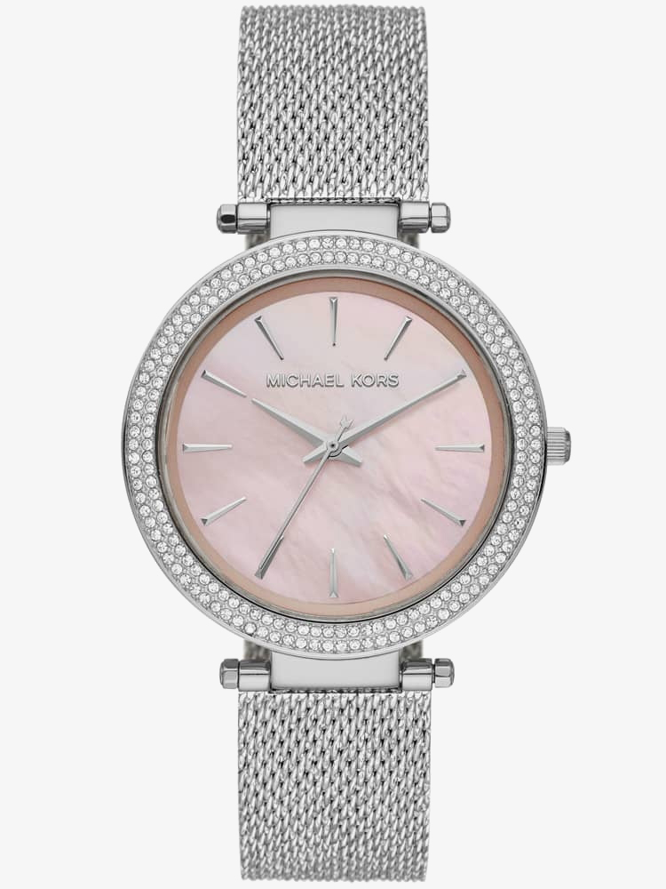 Product photograph of Michael Kors Ladies Darci Stainless Steel Pink Mother Of Pearl Dial Crystal Set Bezel Mesh Strap Watch Mk4518 from The Jewel Hut