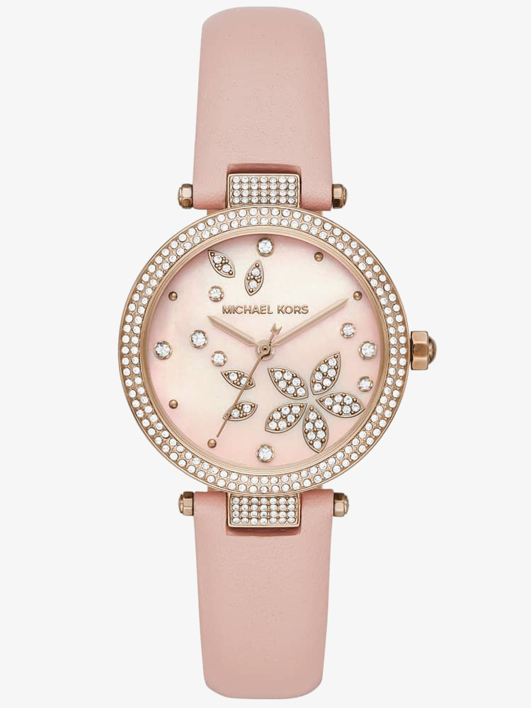 Product photograph of Michael Kors Ladies Parker Rose Gold Plated Crystal Set Dial Pink Leather Strap Watch Mk6808 from The Jewel Hut