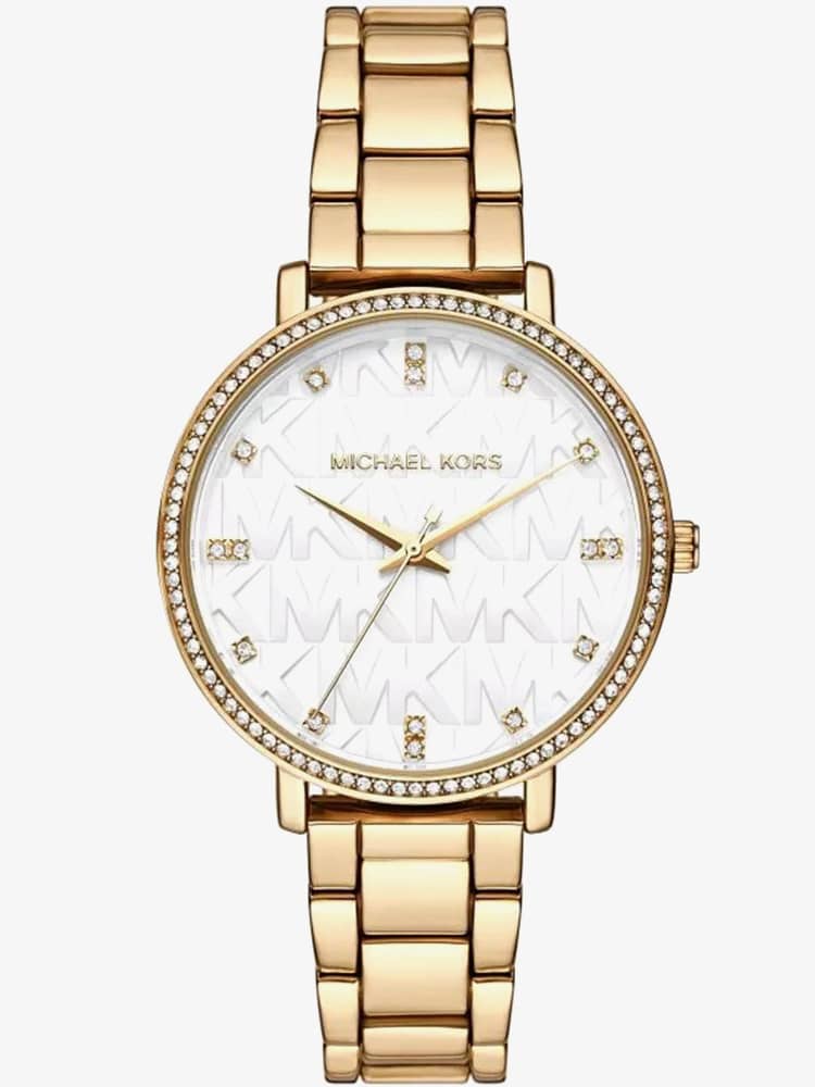 Product photograph of Michael Kors Ladies Pyper White Logo Dial Watch Mk4666 from The Jewel Hut