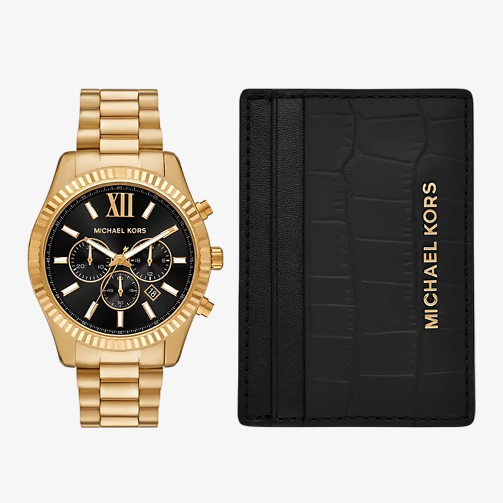 Click to view product details and reviews for Michael Kors Mens Lexington Gold Chronograph Watch And Black Leather Cardholder Set Mk9245set.