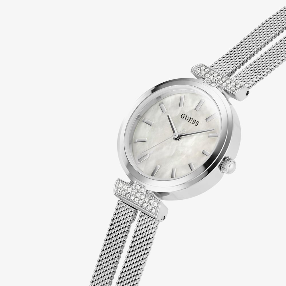 Guess Ladies Array Silver Mother Of Pearl Crystal Watch GW0471L1