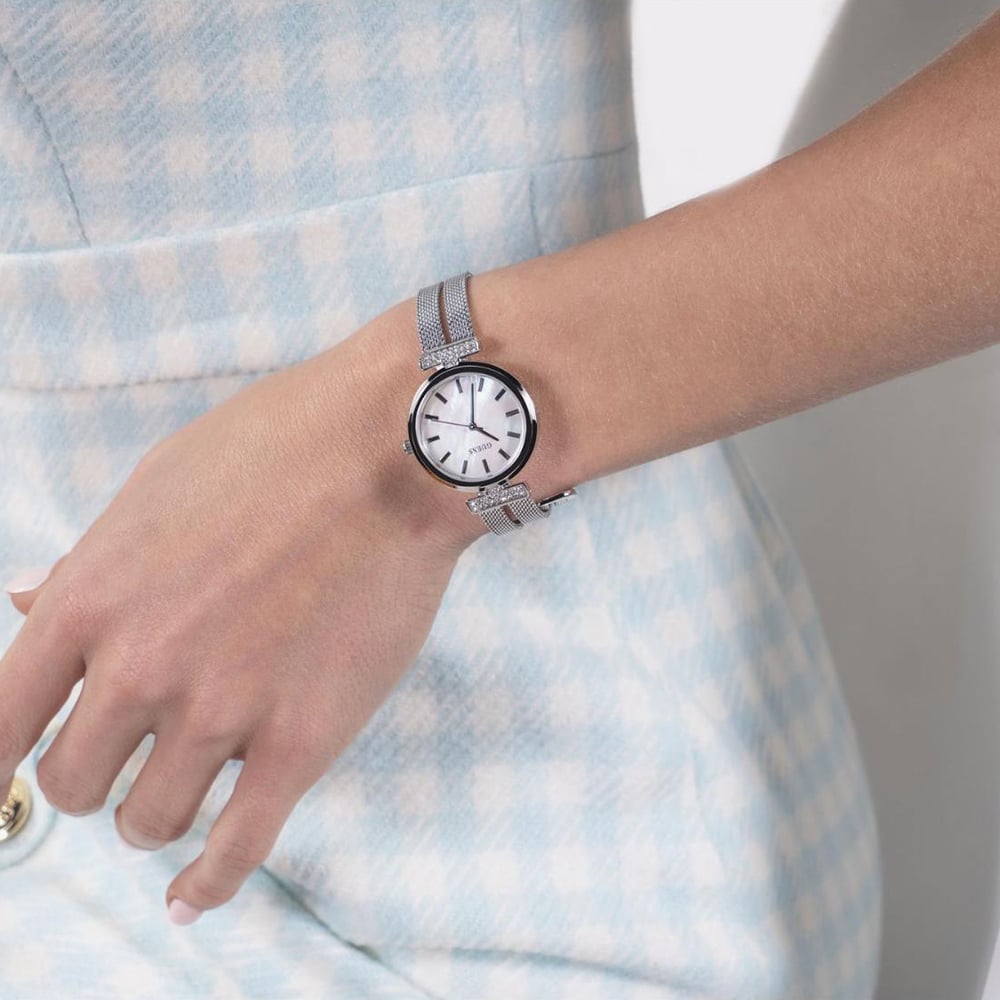 Guess Ladies Array Silver Mother Of Pearl Crystal Watch GW0471L1