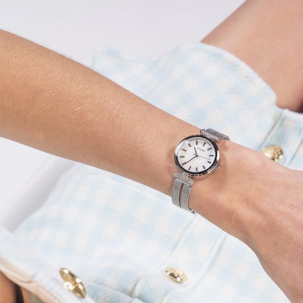 Guess Ladies Array Silver Mother Of Pearl Crystal Watch GW0471L1