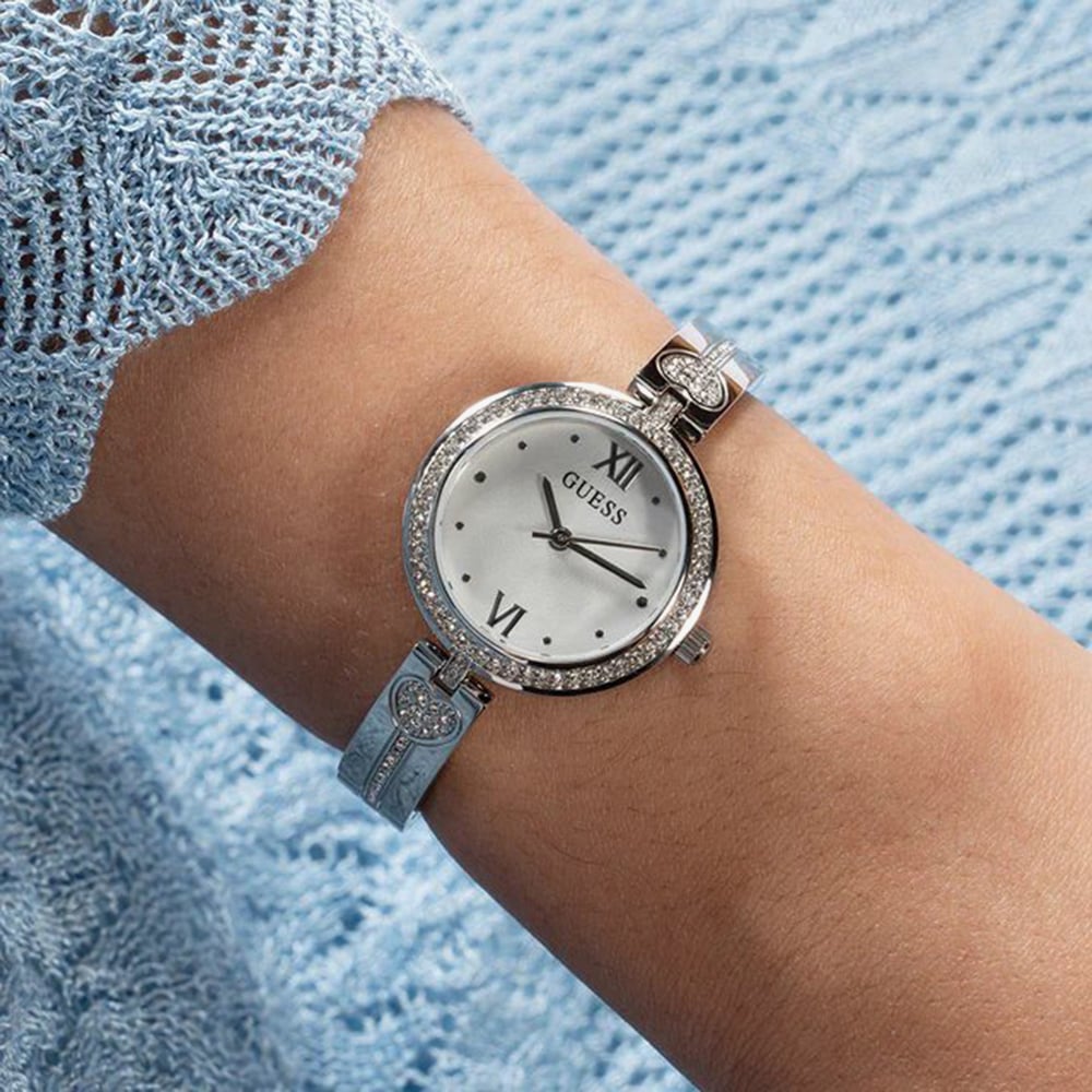 Guess Ladies Lovely Silver Crystal Heart Watch GW0655L1