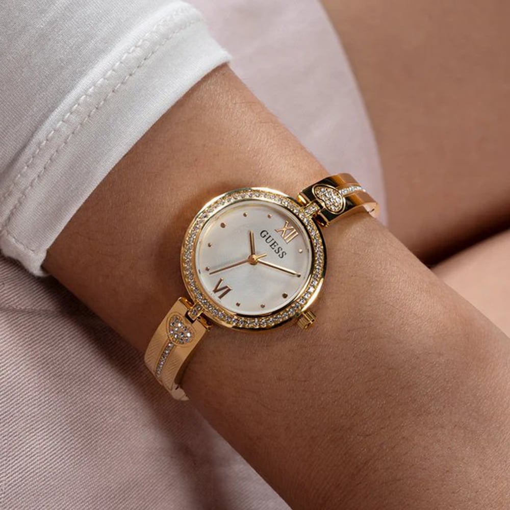 Guess Ladies Lovely Gold Tone Crystal Heart Watch GW0655L2