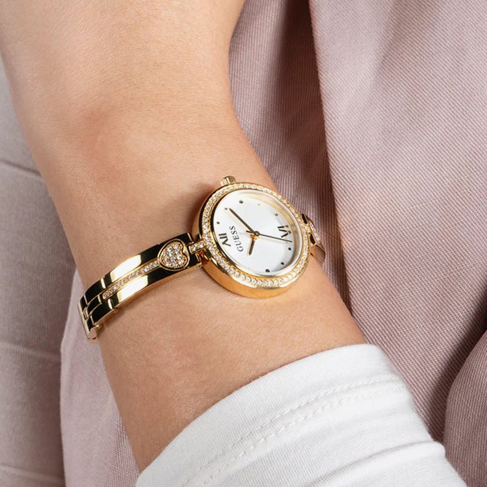 Guess Ladies Lovely Gold Tone Crystal Heart Watch GW0655L2