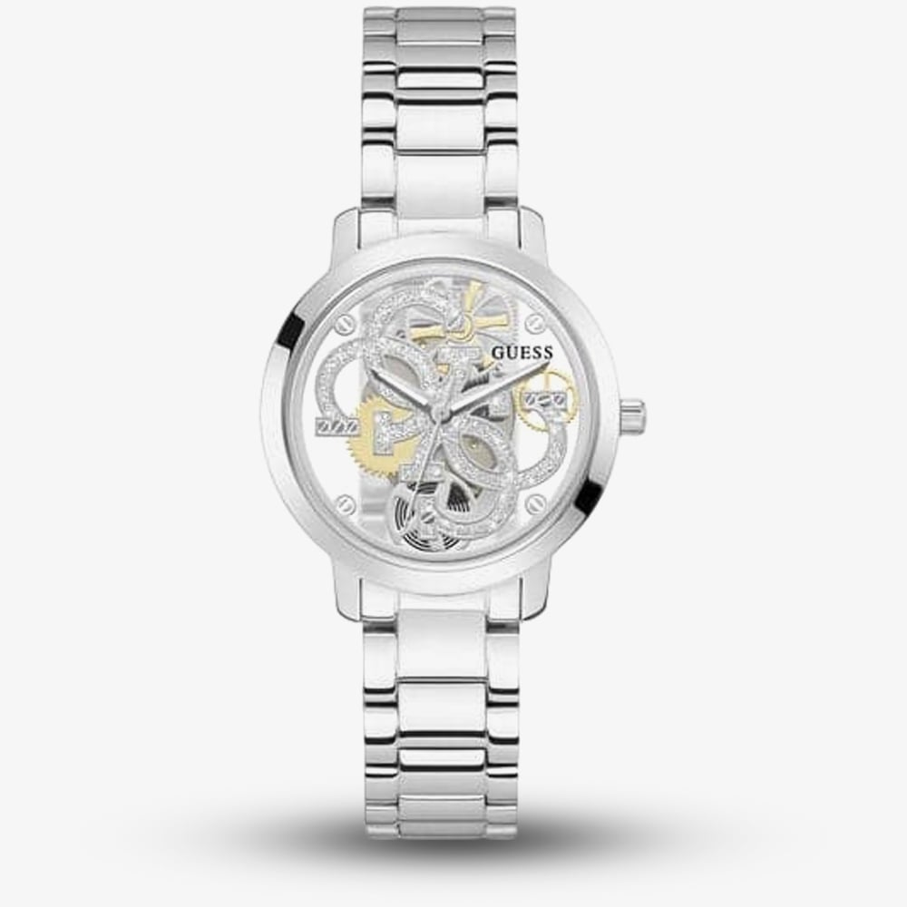 Product photograph of Guess Ladies Quattro Clear Silver Skeleton Dial Watch Gw0300l1 from The Jewel Hut
