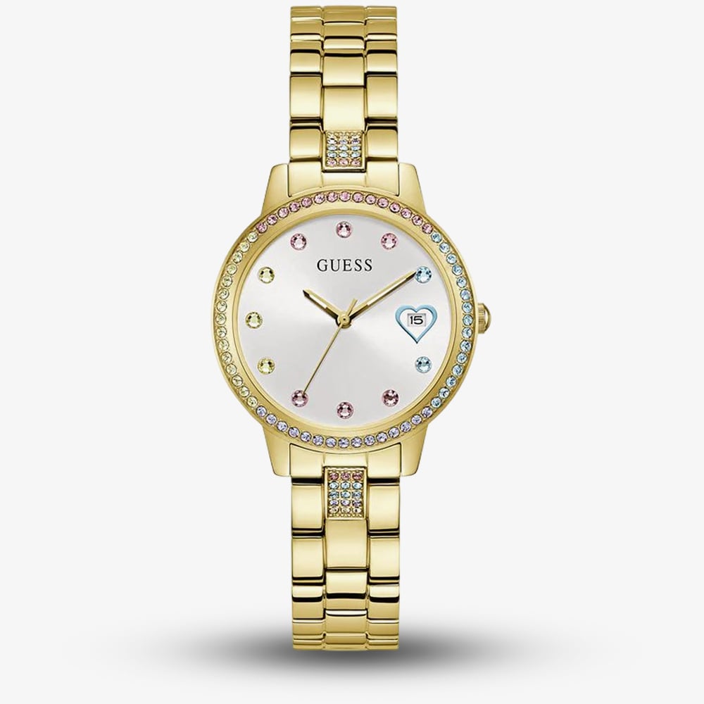 Product photograph of Guess Ladies Three Of Hearts Gold Tone Coloured Crystal Watch Gw0657l2 from The Jewel Hut