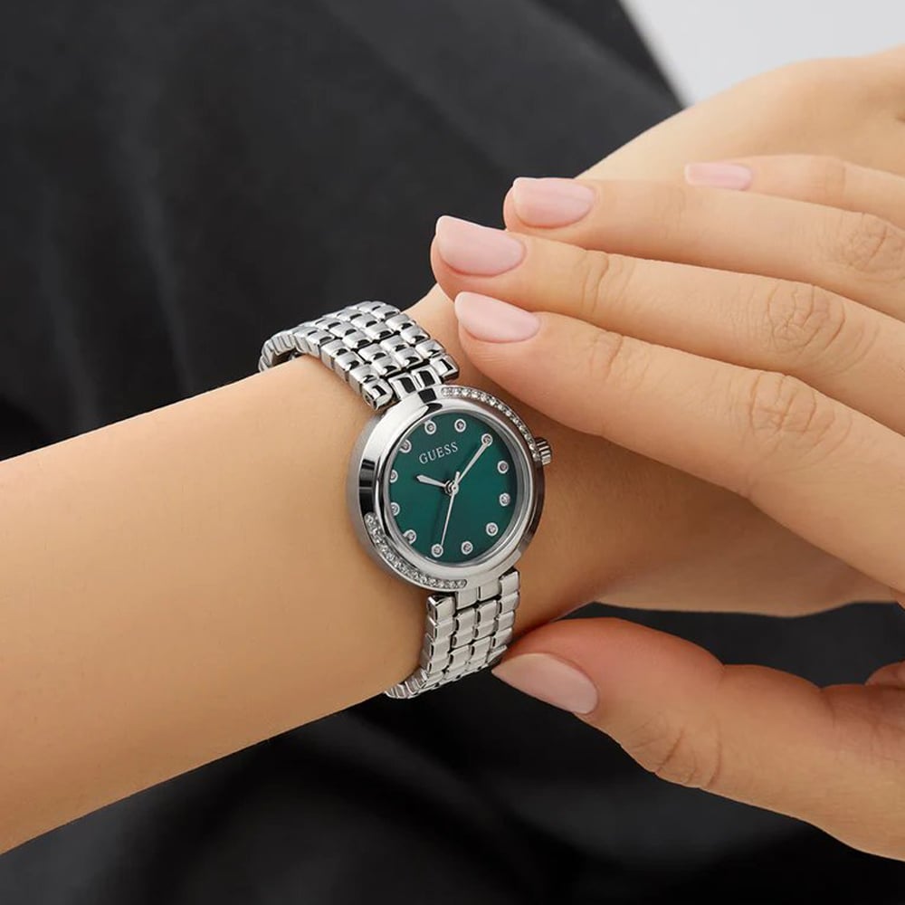 Guess Ladies Clara Silver Tone Green Dial Watch GW0930L1