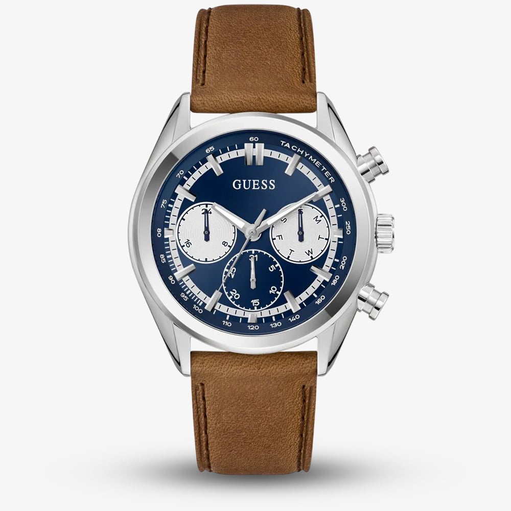 Click to view product details and reviews for Guess Mens Dawson Blue Chronograph Dial Brown Leather Strap Watch Gw0972g1.