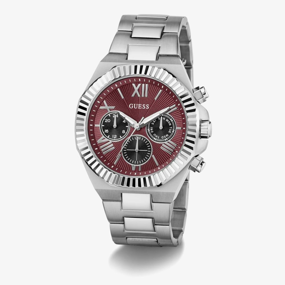 Guess Mens Equity Silver Red Dial Bracelet Watch GW0703G7
