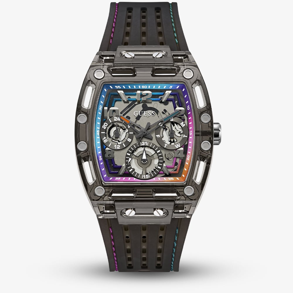 Guess Mens Phoenix Skeleton Dial Black Rubber Strap Watch GW0499G14