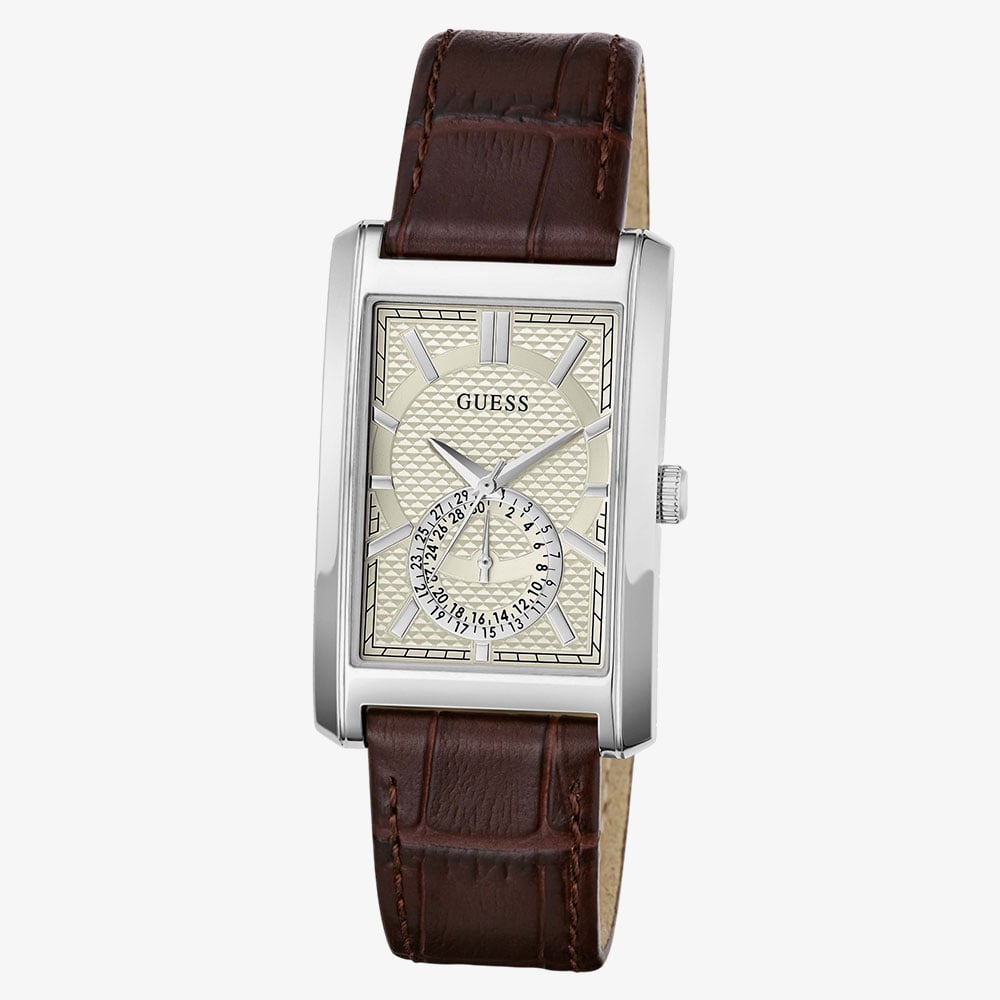 Guess Mens Hugh Silver & Brown Leather Strap Bracelet Watch GW1152G1