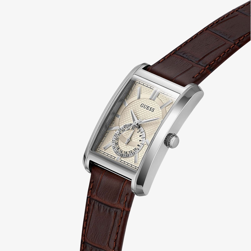 Guess Mens Hugh Silver & Brown Leather Strap Bracelet Watch GW1152G1