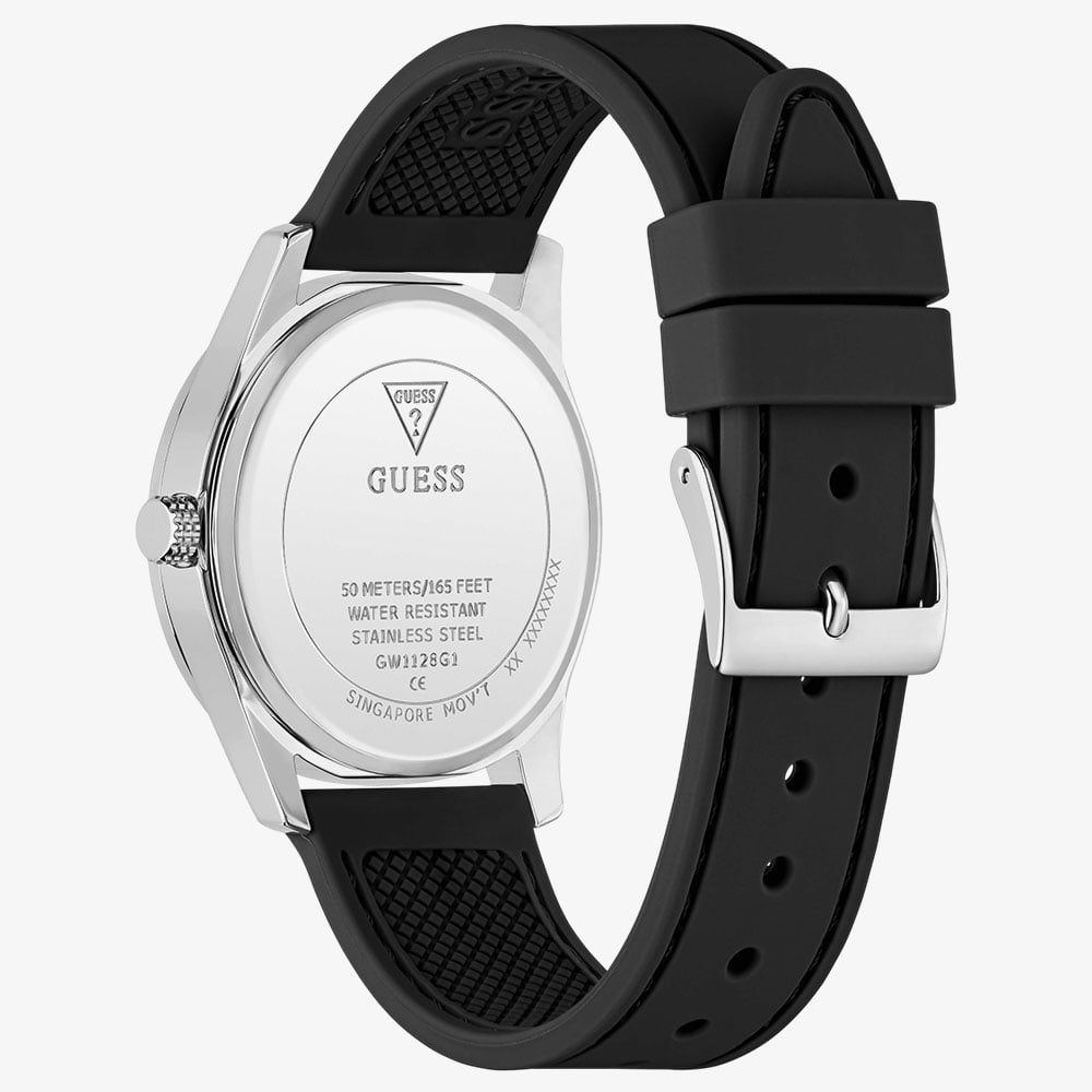 Guess Mens Quentin Silver & Black Silicone Strap Bracelet Watch GW1128G1