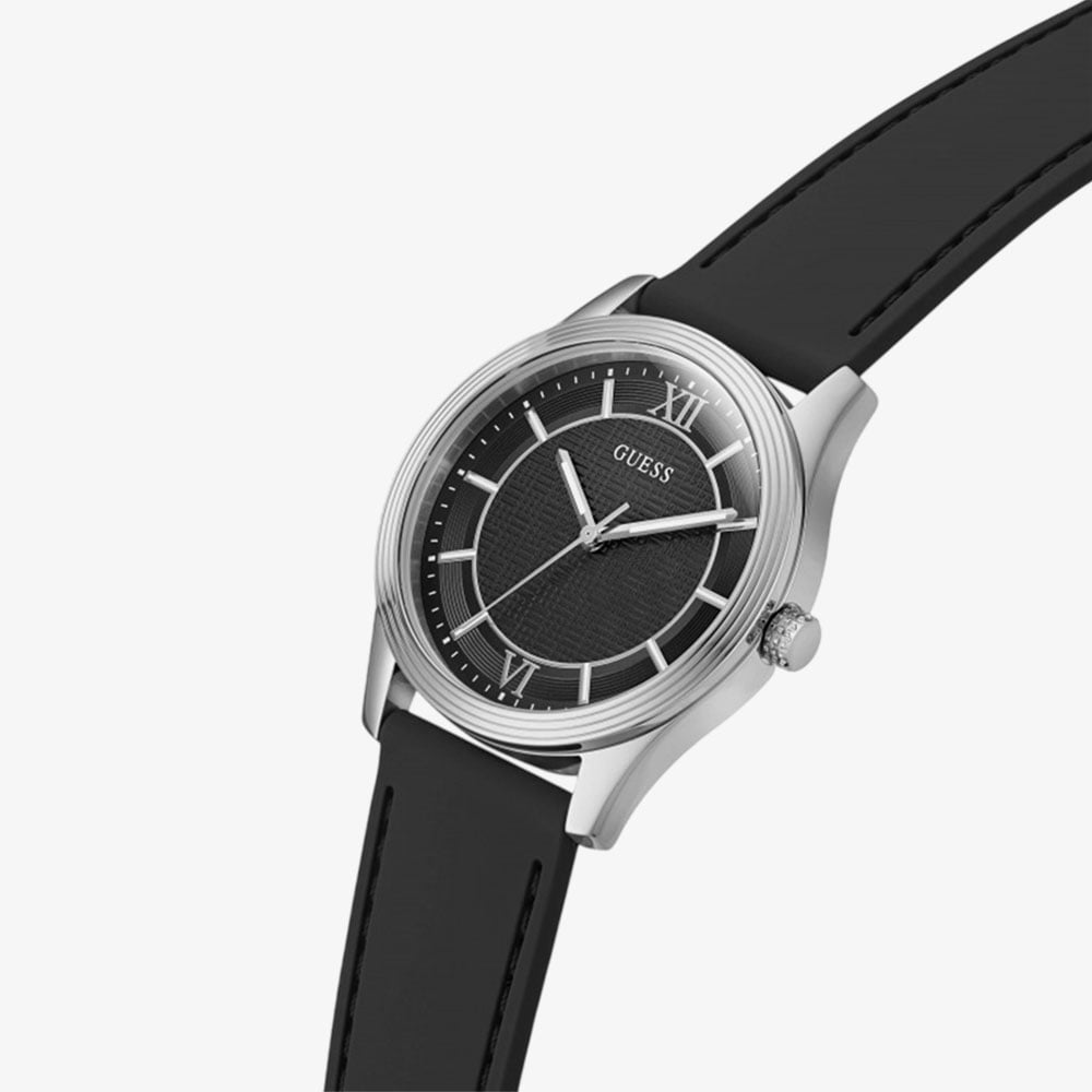 Guess Mens Quentin Silver & Black Silicone Strap Bracelet Watch GW1128G1