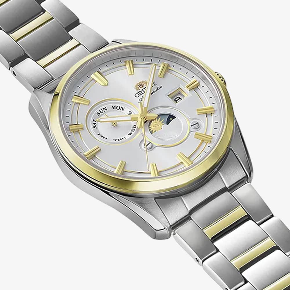 Orient Mens Stretto Sun & Moon White Dial Two Tone Bracelet Watch RA-AK0312S