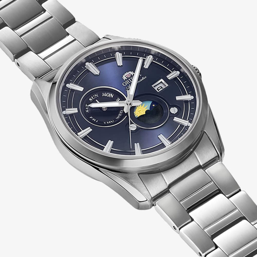 Orient Mens Stretto Sun & Moon Blue Dial Bracelet Watch RA-AK0315L