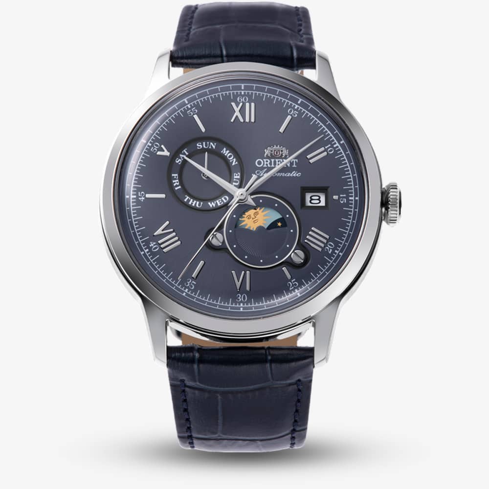 Orient Mens Bambino Sun &amp; Moon Blue Dial Leather Strap Watch RA-AK0806L