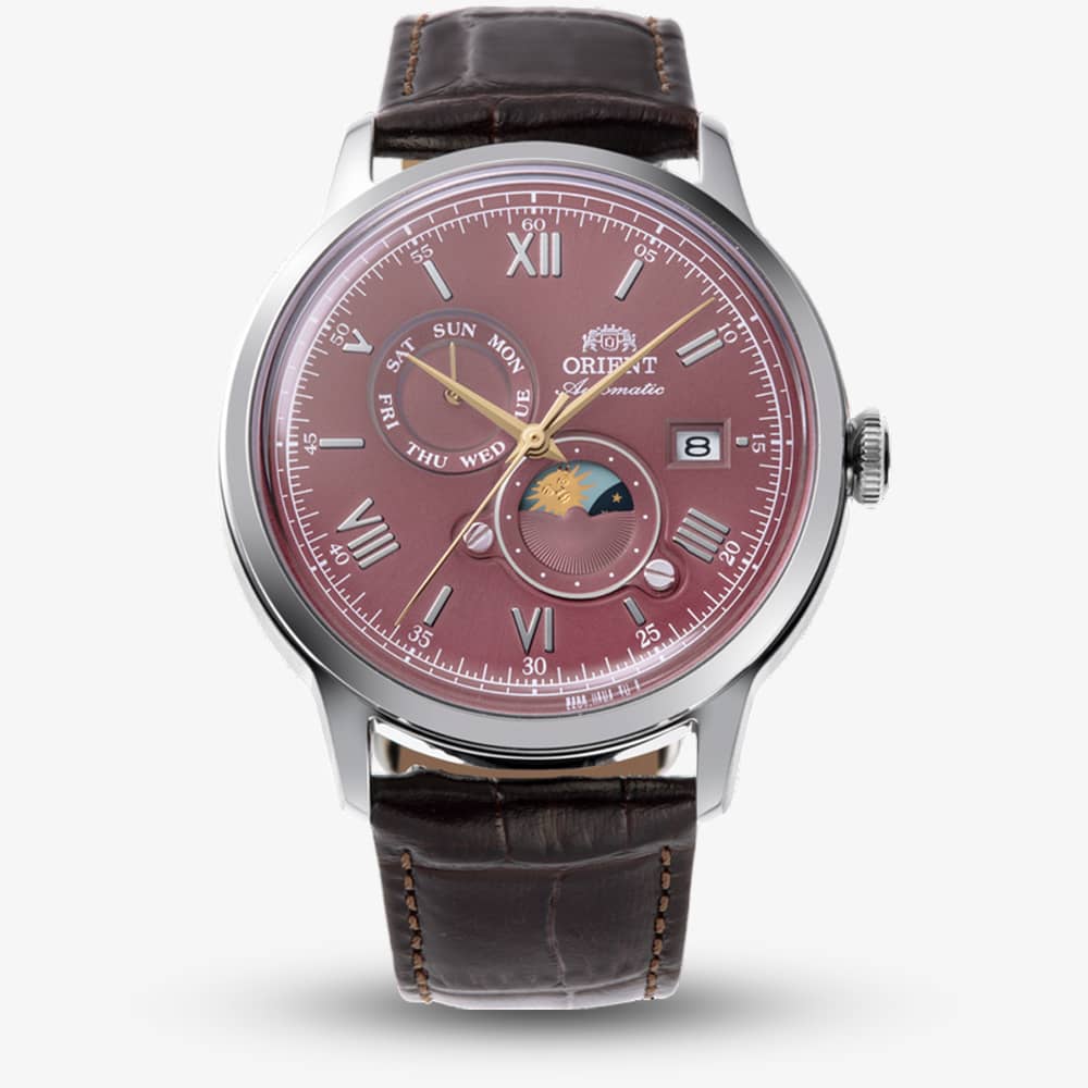 Orient Mens Bambino Sun &amp; Moon Red Dial Leather Strap Watch RA-AK0807R