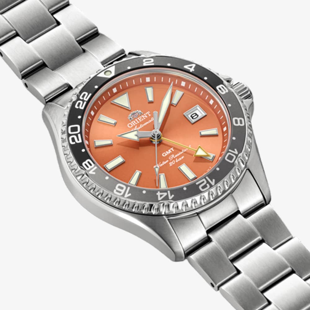 Orient Mens Mako Orange GMT Dial Bracelet Watch RA-BC0004Y