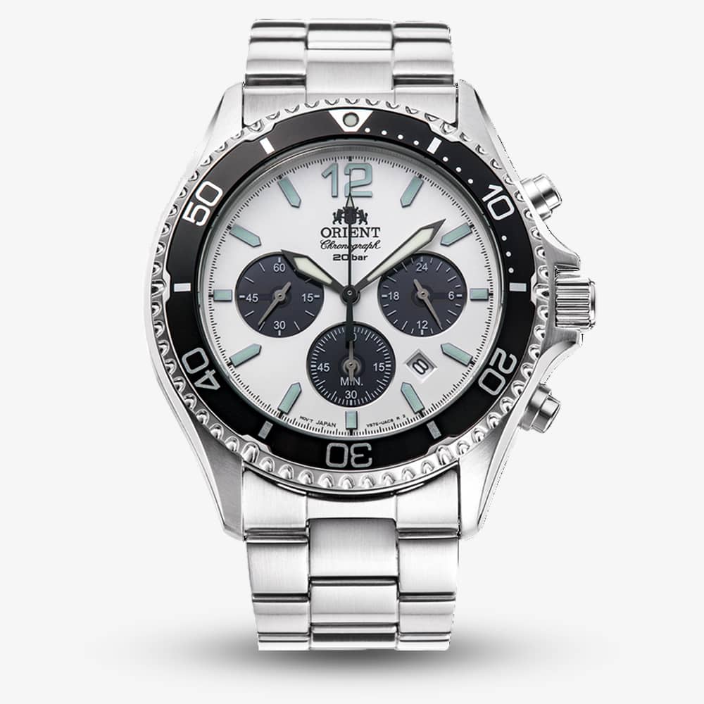 Orient Mens Mako Chronograph Solar White Dial Bracelet Watch RA-TX0203S
