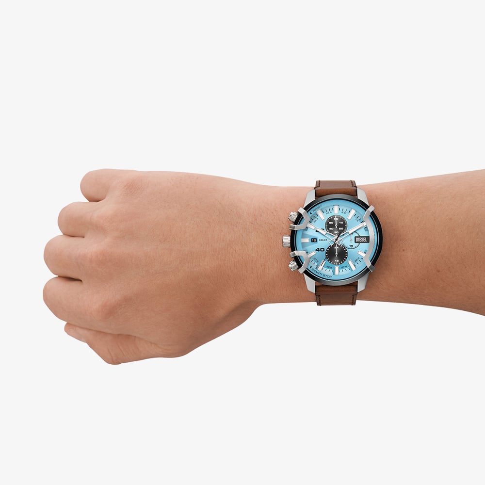 Diesel Mens Griffed Blue Chronograph Leather Strap Watch DZ4656